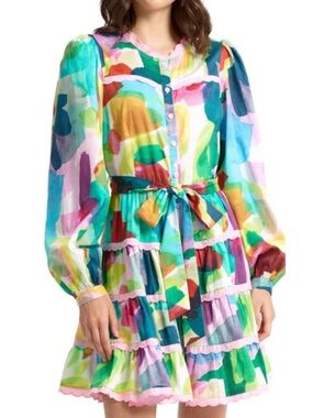 Stellah abstract colorful ruffle tiered long-sleeve mini dress